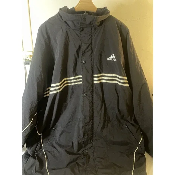 VTG Adidas Men's Jacket Hooded Coat 3-Striped Logo Full Zip Fleece Lined Sz 4xl